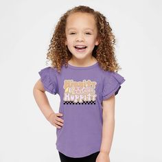 Looking for a cute tee for your daughter? We have the perfect flutter sleeve graphic tee. Cute Purple Top With Ruffles, Playful Cotton Tops With Flutter Sleeves, Playful Cotton Top With Flutter Sleeves, Cute Crew Neck T-shirt With Ruffles, Hippity Hoppity, Bunny Ear, Flutter Sleeve, Fitness Fashion, Sleeve Styles