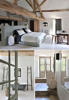 there are pictures of the inside of a house with wood beams and furniture in it