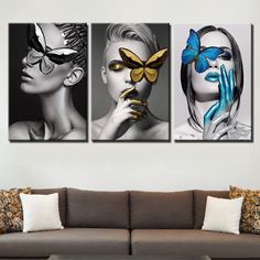 Butterfly Faces - Canvas Wall Art Painting is a premium canvas that adds a touch of nature and model art to your decor. The canvas features three women in modeling posses with a butterfly on their faces. The Wall Art is perfect to decorate your bedroom, dining room, living room, office, dormitory, hotel lobby, and more! Mix and match your favorite pieces to create an eye-catching feature wall. Product Details: Protected with UV scratch-resistant and waterproof laminates, so you don’t have to wor Butterfly Canvas, Butterfly Painting, Artwork Pictures, Fashion Wall Art, Original Wall Art, Abstract Poster, Wall Art Pictures, Canvas Art Painting, Art Abstrait