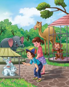 the children are playing in the zoo with their animals and an animal cage behind them