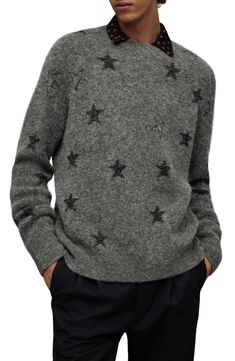 Soft, fuzzy yarns in a blend featuring alpaca, wool and recycled fibers bring cozy warmth to this star-spangled sweater knit for an easy, layer-ready fit. 27 1/2" length (size Medium) Crewneck Long sleeves 25% recycled polyamide, 24% alpaca, 24% viscose, 24% wool, 3% elastane Dry clean or hand wash, dry flat Imported Allsaints Long Sleeve Winter Sweater, Allsaints Casual Winter Sweater, Allsaints Long Sleeve Sweater For Fall, Star Spangled, Alpaca Wool, Sweater Knit, All Saints, Crewneck Sweater, Star Print