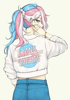 a girl with pink and blue hair wearing a white shirt that says trans's rights