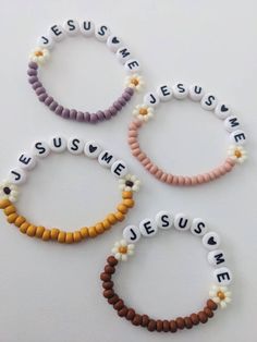 "🤍Jesus Loves Me bracelets for girls! Pink, mustard, purple and brown color options.  🤍Sweet reminder of who their identity is in🤍 SIZING:  3.5\" PREEMIE/SMALL NEWBORN 4\"NEWBORN-6MONTH 4.5\" 6-12 MONTH 5\" 1-2 YEARS 5.5\" 2-5 YEARS 6\" 6-12 YEARS 6.5\" SIZING IS JUST A GUIDE. IT IS BEST TO MEASURE FOR BEST ACCURACY. Take a sting and loop it around your babies wrist, ADD a 1/2\" for wiggle room. Message me for absolutely any questions! I'm happy to help!!  *Handmade item *Can be personalized *Stretch and elastic fit. Customizable worded bracelet stacks. Perfect for birthdays, Christmas gifts, stocking stuffers, gender reveals, baby announcements, valentine's, easter, mamas and their babes, ect.  Dress up your outfit with these sweet customizable, sentimental bracelets! WARNING: Contains Happy Birthday Clay Bead Bracelet, He Is Risen Bracelet, Nurse Bracelet Diy, Christian Handmade Gifts, Small Buissnes Bracelet, Kids Bracelet Ideas, Christian Friendship Bracelets, Christian Clay Bead Bracelets, Bracelet Ideas With Words