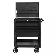 a large black tool box on wheels with the word extreme tools in it's center