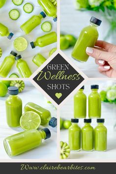 green wellness shots with cucumbers and limes in the background, surrounded by cucumber slices