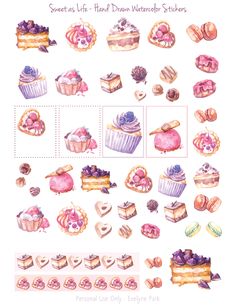 a watercolor drawing of different desserts and pastries