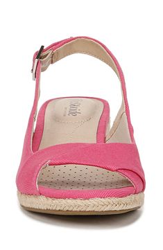 An espadrille-inspired wedge and slim slingback strap bring summery style to a laid-back open-toe sandal built on a cushy, supportive footbed. Cushioning: absorbs impact and distributes weight for consistent, buoyant comfort under each step 1 1/2" heel Soft System® comfort package provides all-day support, flex and cushioning Textile upper/synthetic lining and sole Imported Spring Adjustable Slingback Sandals With Cushioned Footbed, Spring Vacation Slingback Wedge Sandals, Spring Adjustable Slingback Wedge Sandals, Spring Vacation Wedge Heel Slingback Sandals, Spring Beach Espadrille Slingback Sandals, Spring Slingback Sandals With Removable Insole, Slingback Wedge Sandals With Arch Support For Vacation, Adjustable Slingback Wedge Sandals For Spring, Espadrille Slingback Sandals For Beach In Spring