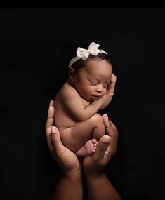 a newborn baby wrapped in a white bow is being held by two hands against a black background