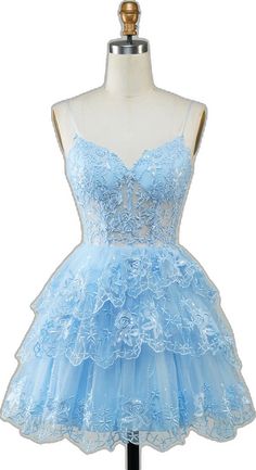 Lace Gown With Spaghetti Straps For Prom Season, Lace Evening Dress With Spaghetti Straps For Prom, Prom Gown With Lace Bodice And Spaghetti Straps, Elegant Blue Gown With Spaghetti Straps, Lace Gown With Spaghetti Straps For Prom, Blue Lace Dress For Banquet, Spaghetti Straps Prom Gown, Wedding Mini Dress With Lace Bodice And Spaghetti Straps, Light Blue Party Gown With Sweetheart Neckline