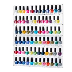 This multi-level clear acrylic nail polish rack is the commercial-grade wall-mounted polish organizer nail artists and glam girls count on for maintaining easy access, organization and decorative display. Flaunting 6 rows that each have the capacity to hold 17 bottles of nail polish, the mountable 20” x 2” x 24” nail polish rack supports the neat storage and tidy organization of 102 total bottles. Nail Polish Wall Rack, Skincare Storage, Organization Skincare, Organization Makeup, Nail Polish Holder, Usa Nails, Nail Polish Rack, Acrylic Nail Polish, Clear Acrylic Nails