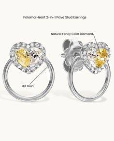 Introducing Paloma's iconic Heart, this distinctive earring design showcases a pair of exquisite fancy yellow diamonds seamlessly complemented by sparkling white diamonds, creating a flawless heart motif. Encircled by a delicate pave diamond setting, these earrings make a subtly captivating statement. Yellow Gold Heart-shaped Brilliant Cut Earrings, Heart-shaped Diamond Earrings In Yellow Gold, Heart-shaped 14k Gold Diamond Earrings, Heart-shaped Rose Gold Earrings With Diamond Accents, Yellow Gold-plated Heart Cut Earrings, Fancy Yellow Diamond, Bezel Ring, Fancy Color Diamonds, Diamond Settings