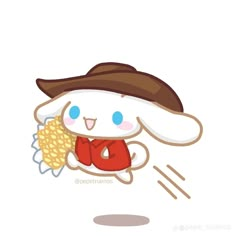 an animal with a hat and scarf flying through the air while holding a piece of bread