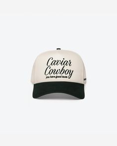 Caviar Cowboy Cap (Beige & Black) Luxury Embroidered Logo Six-panel Baseball Cap, Beige Trucker Snapback Hat, Cream Snapback Hat One Size, Beige Trucker Hat With Flat Brim, Casual Flat Brim Baseball Cap For Rodeo, Beige Flat Brim Trucker Hat, Beige Snapback Hat With Letter Print, Casual 5-panel Snapback Hat For Rodeo, Beige Cap With Letter Print