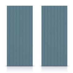 two blue doors with vertical slats on each side and one closed in the middle