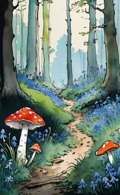 a painting of two mushrooms on a path in the woods with bluebells around them