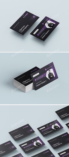 three different business cards with purple and black designs on them, one for the photographer