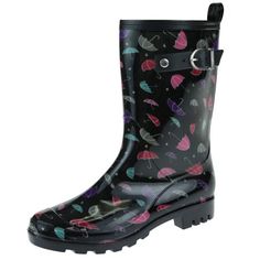 Who says you can't be fashionable when it rains?! These short-shaft rain boots are super-cute and functional at the same time. The all-over umbrella print is colorful and trendy, while the black side buckle can be adjusted so you will always have the perfect fit. You will be pleasantly surprised at how lightweight these boots really are, making it easier for you to trek through puddles and mud. They also easily fit over your jeans and leggings. Add a little personality to your everyday outfits w Waterproof Rain Boots With Round Toe, Rain Boots For Rainy Season With Round Toe, Casual Rain Boots For Rainy Season, Black Round Toe Rain Boots, Black Round Toe Rain Boots For Rainy Weather, Weatherproof Boots For Rainy Season, Black Waterproof Rain Boots With Round Toe, Waterproof Rain Boots For Spring, Black Boots For Rainy Weather