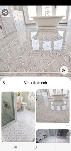 an image of a bathroom with white marble flooring and bathtub in the middle