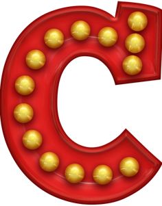 the letter c is made up of gold balls on a red plastic object with white background