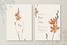 two wedding cards with orange flowers and greenery on the front, one in white