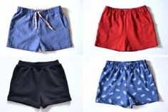 four pairs of shorts with different patterns on them