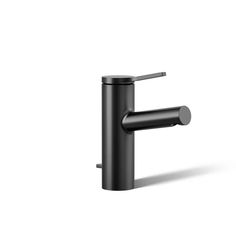 a black sink faucet on a white background with no one in the photo