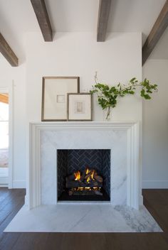 there is a fireplace in the living room with pictures on the wall and a potted plant next to it