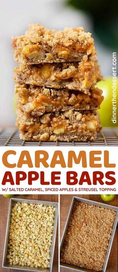 Caramel Apple Bars are the best ever easy fall dessert! Crumbly, chewy oat cookie crust and streusel surround sweet apple pie and buttery caramel filling. Apple Bar Recipes, Quick Apple Dessert, Streusel Bars, Dessert Apple, Caramel Apple Bars, Caramel Dessert, Caramel Apples Easy, Apple Streusel, Pie Bar Recipes