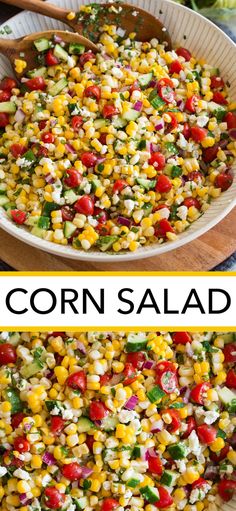 corn salad in a white bowl with a wooden spoon on the side and an image of it