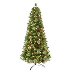 a christmas tree with lights on it and a black stand in front of the white background