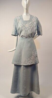 MUSEUM QUALITY EDWARDIAN BLUE LINEN DRESS W WHITE HAND EMBROIDERY  | eBay Regency Style Fitted Linen Dress, Fitted Linen Regency Style Dress, Fitted Linen Regency Dress, Vintage Blue Embroidered Dresses, Fitted Regency Style Embroidered Dress, Elegant Embroidered Linen Dress, Fitted Linen Dress With Floral Embroidery, Fitted Linen Embroidered Summer Dress, Fitted Linen Embroidered Dress For Summer