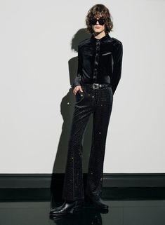 Galactic Dress, Genderless Fashion, Flared Trousers, Rhinestone Embellishments, Fancy Pants, Flare Trousers, Bell Bottom, Retro Chic, Dress Code