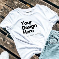 Custom Print White Short Sleeve T-shirt, Custom White Print Sublimation Short Sleeve, White Casual Transfers With Custom Print, Sea Vibes, Flat Lay Photography, T Shirt Image, Digital Drawings, Lifestyle Store, T Shirt Mockup