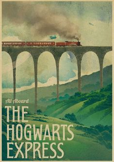 the hogwart's express train is traveling over a bridge with mountains in the background