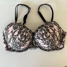 Nwot, Underwire, Jewels Or Rhinestones. Party Pink Bra With Padded Cups, Pink Padded Party Bra, Party Pink Bra With Lace Trim, Pink Underwire Bra For Night Out, Sleep Wear, Push Up Bra, Victoria's Secret Pink, Pink Black, Secret Pink