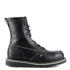 Style: 8046208 **Please allow 2 weeks or longer for shipment.** The Midnight Series 8″ black safety toe moc toe work boots are part of the popular American Heritage line. These black steel toe work boots give you added protection with the 8-inch shaft height, while the slip-resistant MAXWear Wedge™ outsole is slip and oil resistant. The durable Goodyear storm welt construction will give you years of worry-free wear, plus they can be easily resoled once the time comes. And, both the full-grain le Black Durable Moc Toe Work Boots, Classic Goodyear Welted Moc Toe Combat Boots, Classic Goodyear Welted Boots With Moc Toe, Thorogood Boots Moc Toe, Goodyear Welted Moc Toe Lace-up Work Boots, Union Workers, Thorogood Boots, Moc Toe Boots, Steel Toe Work Boots