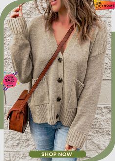 Khaki Drop Shoulder Button Front V Neck Cardigan with Pockets Cardigan With Pockets, V Neck Cardigan, Drop Shoulder, On Sale, V Neck