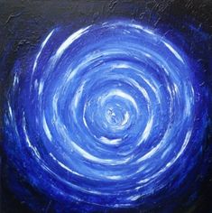 a painting with blue and white swirls in the center on a black background,