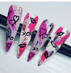 Comic Book Valentines Nails, Graphic Nails Designs, Hair Stylist Nails, Lips On Nails Design, Valentines Pop Art Nails, Punk Valentines Nails, Pop Art Valentines Nails, Neon Valentines Nails, Punk Rock Nails Designs