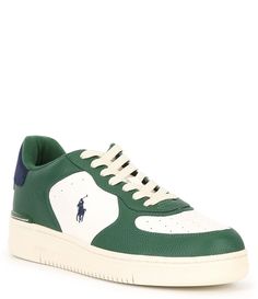 From Polo Ralph Lauren, the Men's Master Court Leather Sneakers feature:Leather and polyurethane upperRounded toeLace-up frontPadded insole. Reinforced heel with leather heel clip. Faux-leather tongueSignature Pony at the outer side. Polo Ralph Laurendebossed leather patch at the tongue. Polo Ralph Lauren script debossed at the heelMesh and velvet lining. Eyestay lined with faux leatherEVA midsoleTextured rubber outsoleImported. Polo Sneakers For Men, Green Leather Sneakers With Embossed Logo, Leather Low-top Golf Sneakers, Us Polo Assn Shoes Woman Sneakers, Low-top Leather Sneakers With Logo Patch, Polo Ralph Lauren Sneakers, Classic American Style, Ralph Lauren Kids, Ralph Lauren Collection