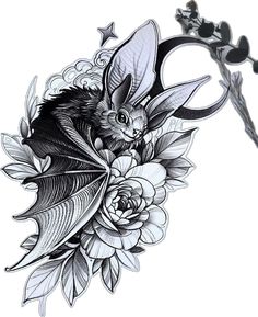 a drawing of a bat with flowers on it's back and an arrow in the middle