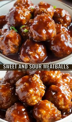 meatballs with sauce and green onions in a white bowl on a table, before and after being cooked