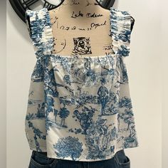 Nwt Blue And White Design Crop Top With Wide Ruffled Elastic Straps. Elastic At The Top And Under The Arms. Split Hem Measurements Approximate Bust 36 (Stretch) Length 22” Tweed Crop Top, Design Crop Top, Blue And White Design, Coastal Summer, Floral Print Crop Top, Linen Crop Top, Yellow Crop Top, Flowy Sleeves, Floral Crop Tops