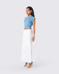 Be a breath of fresh air in this two-piece set 💙 With an airy and flowy feel, this fit pairs a blue backless top with a white tiered maxi skirt for the perfect everyday summer look ☁️ Flower Maxi Skirt, Blue Skirt Outfits, Maxi Skirt Blue, A Breath Of Fresh Air, Black Off Shoulder, Tiered Maxi Skirt, Backless Top, Breath Of Fresh Air, White Jersey