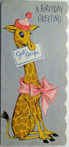 a birthday card with a giraffe wearing a hat and holding a sign that reads, a birthday greeting just for you