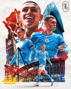 the manchester city players are depicted in this collage with their name and number on it