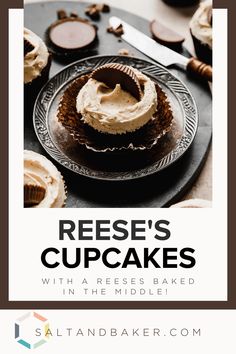 the cover of reese's cupcakes is shown on a plate with knife and fork