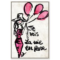 a pink and black painting on a white background with the words to us, la vie en