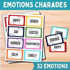 Emotions Charades is an engaging family game, classroom activity, therapy group activity, or counseling activity.  Have fun while helping kids and teens recognize and express feelings. A useful tool for families, teachers, counselors, social workers, play therapists, and more.  WHAT YOU WILL RECEIVE1 PDF file that can be printed on US letter paper includes:-32 charades cards with different feelings and emotions-1 blank sheet to write your own (optional)-1 page Suggestions for Use*Please note tha Emotions Charades, Kids Group Activities, Activity Therapy, Sel Activity, Charades Cards, Play Therapist, Express Feelings, Charades Game, Therapy Games