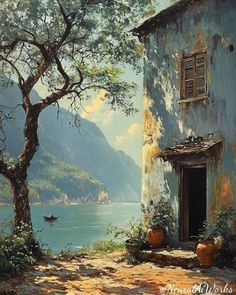 a painting of an old house by the water with a boat in the distance and mountains behind it